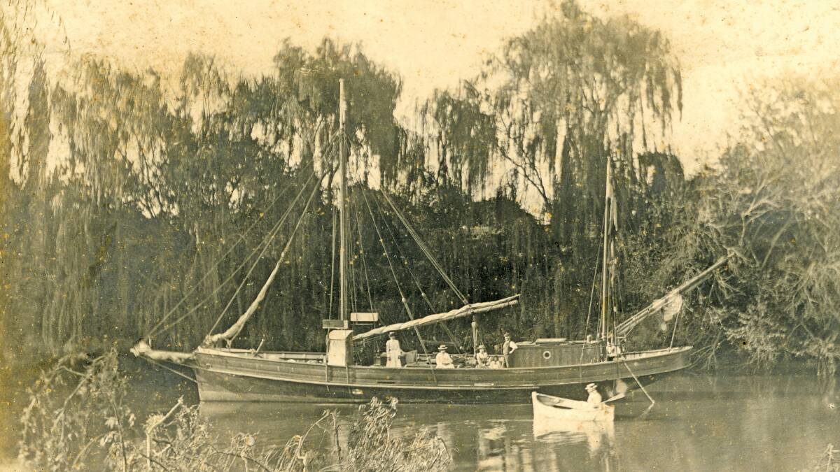 HISTORY: The ketch "Defender" about 1902, anchored in the Paterson River at "Leeholme", Woodville. It was owned by Samuel Dark of Dark's Ice and Cold Storage, Newcastle.