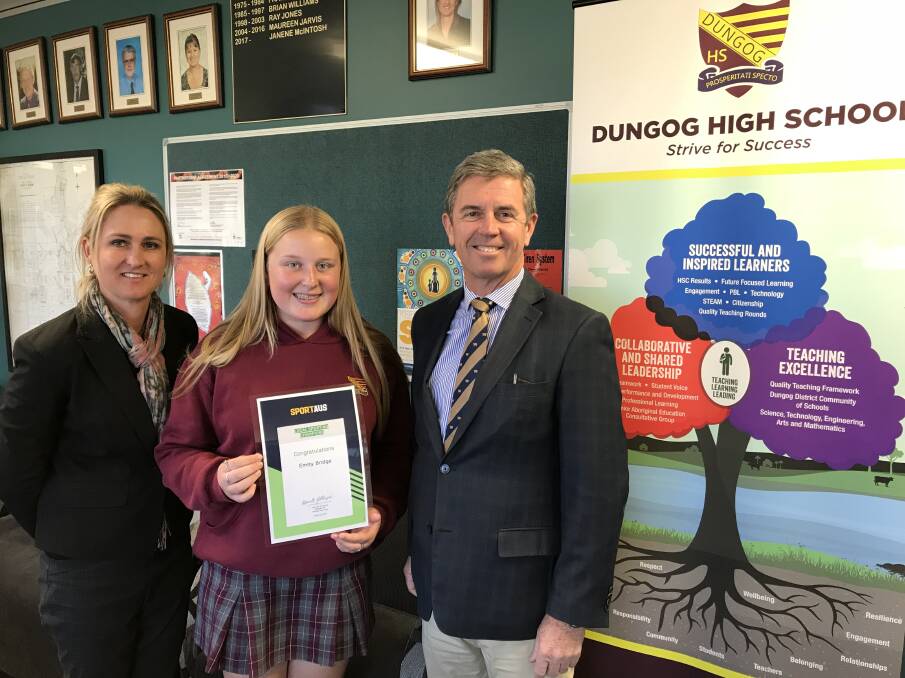 AWARD: Dungog High School principal Janene McIntosh, Emity Bridge and Member for Lyne David Gillespie.