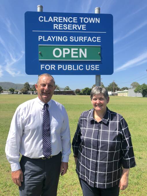 FUNDS: Upper Hunter MP Michael Johnsen with Dungog Mayor Tracy Norman at Clarence Town Reserve which will get a boost from the state government funding.
