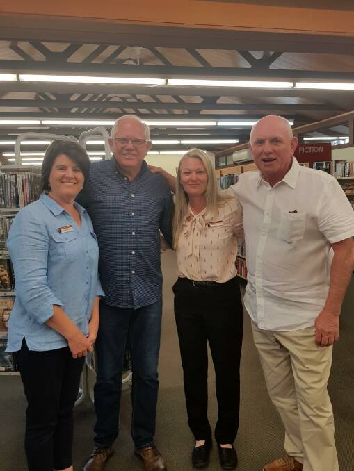 AUTHOR TALK: Dungog librarians Amanda Field and Tracy Cummings with author Graham Murphy and renowned sailor Tony Mowbray.
