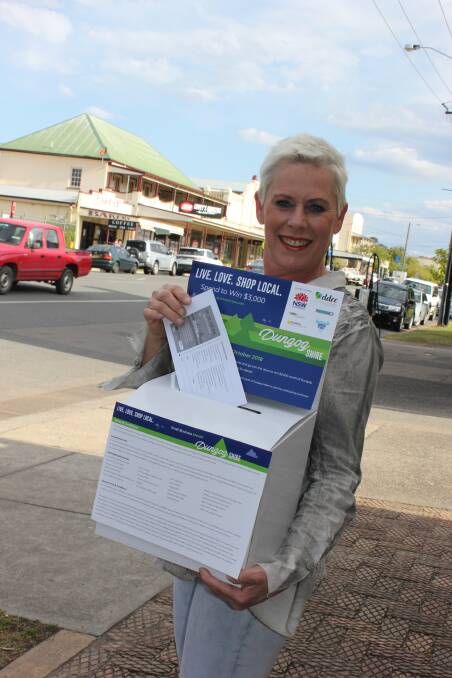 COMPETITION OPEN: Chamber of Commerce President Jennifer Lewis with one of the  entry boxes and envelopes in the campaign designed to keep dollars in Dungog Shire.