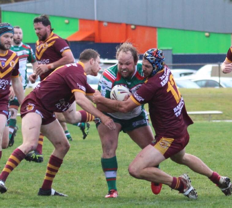 STRONG: The Dungog defence finally put a halt to a bustling run by Clarence Town prop Ben Bradley. Picture: Lauren Johnson