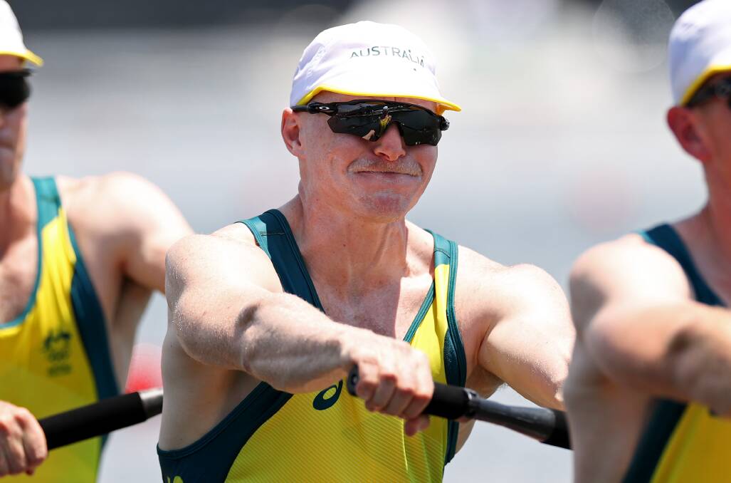 GOLD: Dungog rower Spencer Turrin representing Australia in the men's fours at the Tokyo Olympics on Saturday. Picture: Getty Images