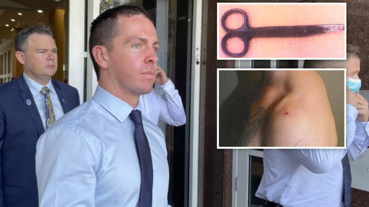 Constable Rolfe during the trial. Inset, the scissors he was stabbed with and the wound they left. Pictures: Sarah Matthews, supplied