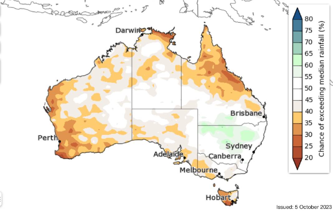 November to January rainfall forecast by the Bureau of Meteorology. Not the prettiest map but it could be worse. Picture BOM