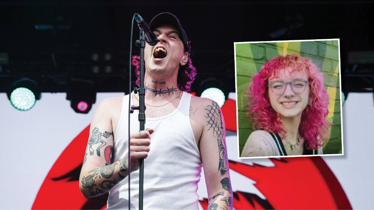 Trophy Eyes singer John Floreani on stage at the Newcastle Supercars in 2023. Inset, fan Bird Piché suffered serious spinal injuries during Trophy Eyes' show in Buffalo. Pictures by Marina Neil, Instagram