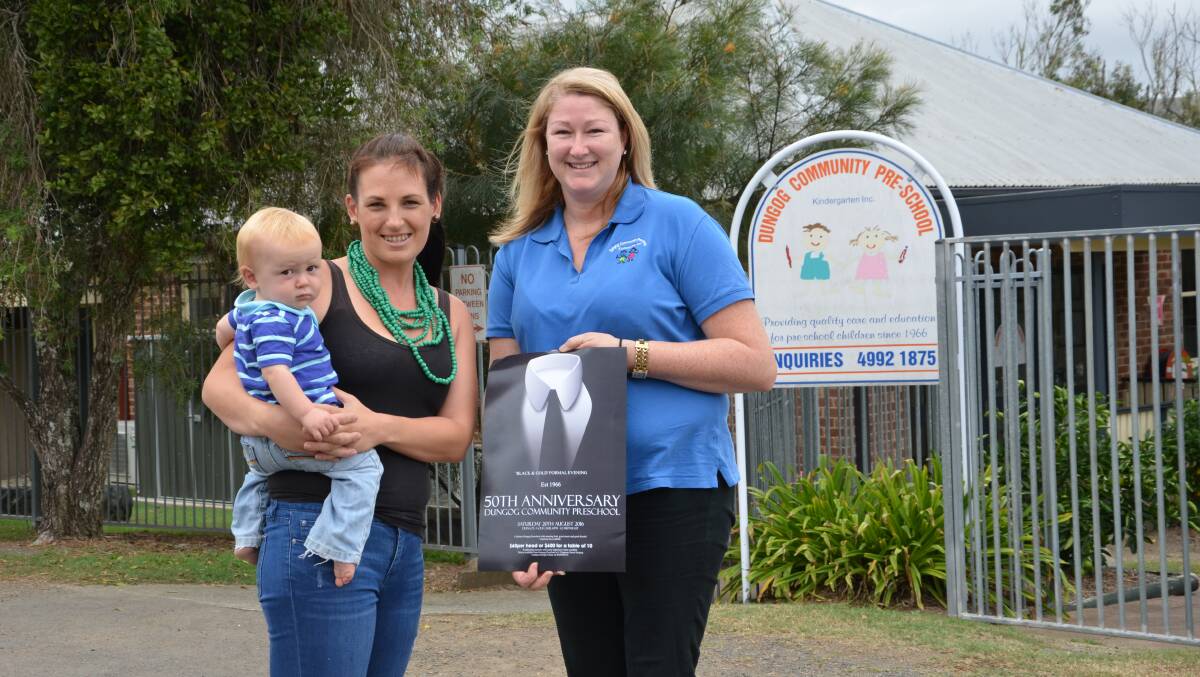 HALF CENTURY: Preschool management committee president Georgie Cleary with son Lachlan Orchard and preschool director Sam Delafontaine
