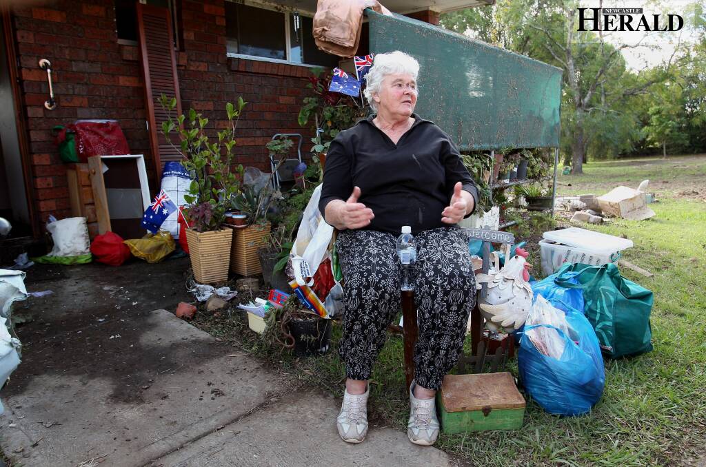 STILL HOMELESS: Betty Kelehear pictured outside her Alison Court unit in April last year.  Her unit is one of the six down the back of the complex which hasn't been repaired at this stage. Photo courtesy of the Newcastle Herald