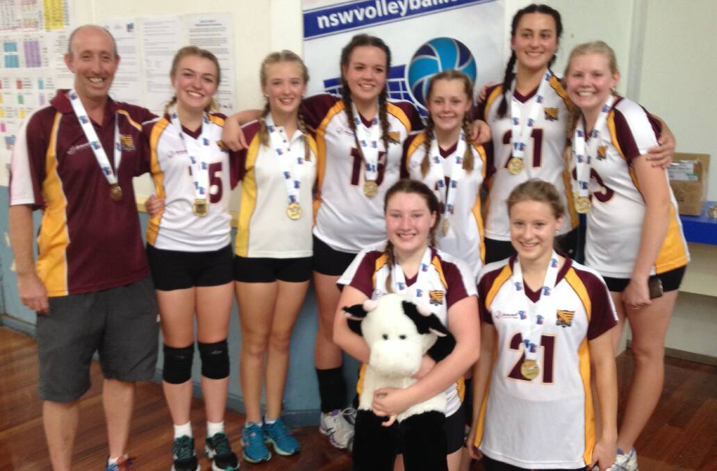 SUPER VOLLEYBALLERS: Teacher Tim Francey with the girls team, back, Kaitlyn Forbes, Bailea Smith, Hayley Forbes, Breanna Miller, Maddisyn Fordham, Elyse Standing; front, Tabatha Beisler and Bethany McLoughlin