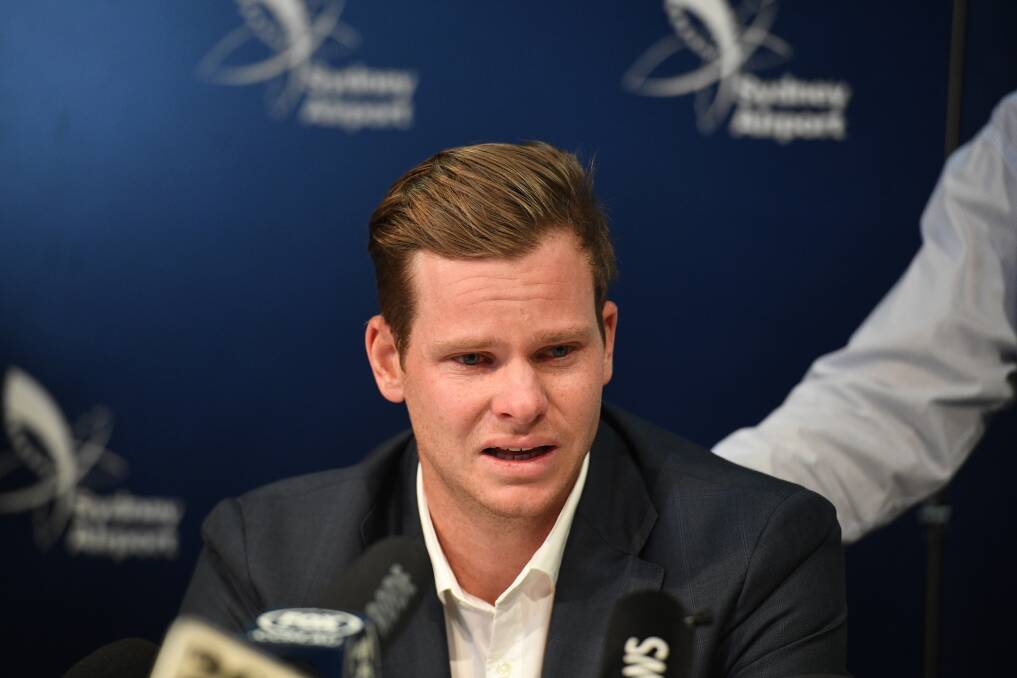 Fair punishment: A distraught Steve Smith at his press conference last week. Picture: AAP