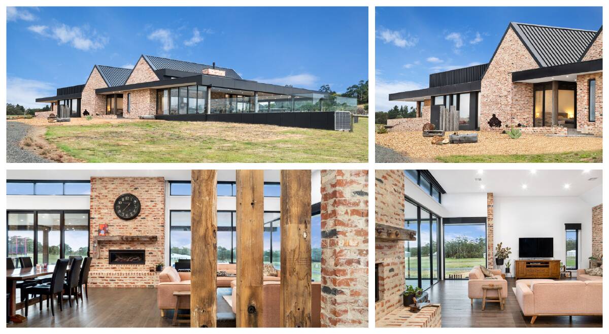 Award-winner: Clockwise from top left - This impressive view from the rear to the entry of the home reveals the extensive pool and undercover entertainment area. The closer in view of the entry shows the bedroom has an unimpaired view which can be closed off when visitors stay. The living room furnishing blend with the natural salvaged brickwork. An expansive open layout affords ample entertaining space. 