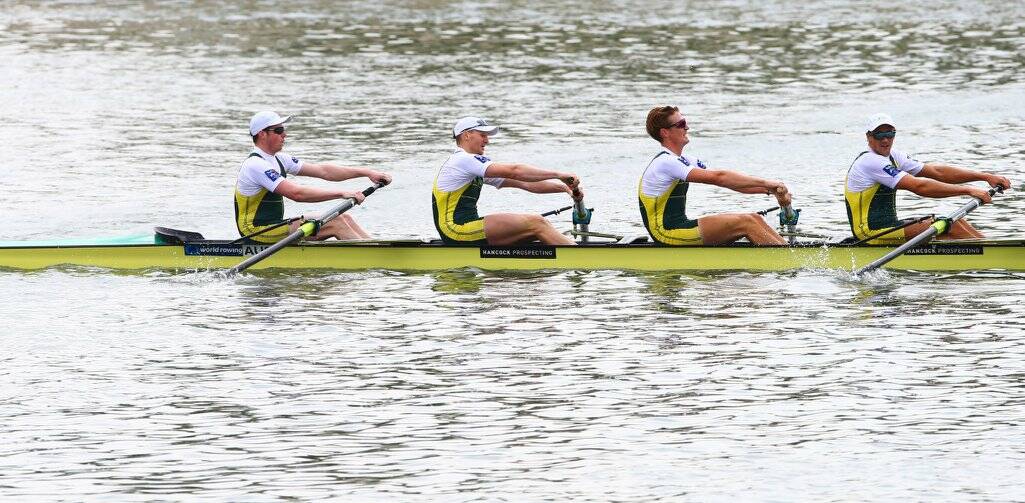 Dungog rower Spencer Turrin (second from left) in the men's national fours team. Picture: Rowing Australia