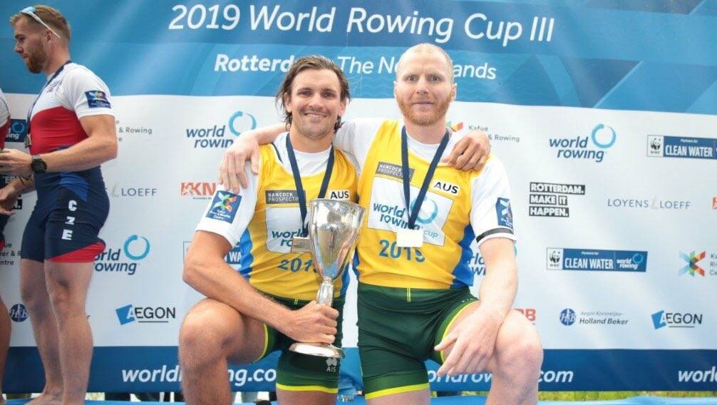 GOLD: Dungog rower Spencer Turrin (right) and Alexander Hill after winning the men's pairs final at the World Cup 3 regatta in The Netherlands on Monday morning (AEST). Picture: Twitter via @RowingAust
