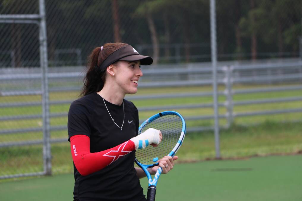 Stroud resident Zoe Turner has raised $3000 for Make-A-Wish Australia through a 12-hour tennis challenge. Pictured is Mrs Turner during the challenge on November 20. Pictures: Supplied