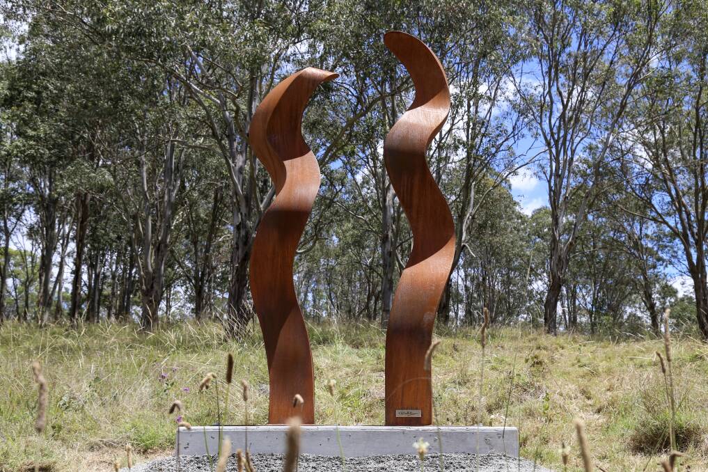 Artist Jen Mallinson visited her newly installed sculpture Sowelu Two, winner of Sculpture on the Farm's acquisitive prize, at Dungog Common on Wednesday, November 17. Pictures: Ellie-Marie Watts