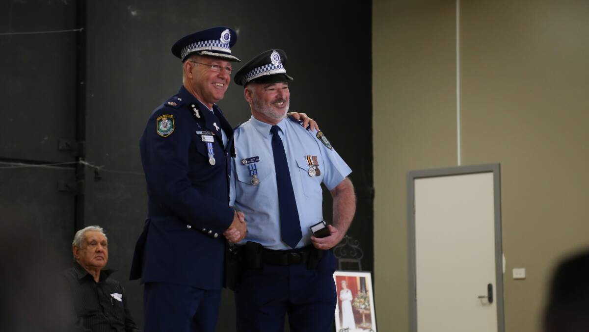 Assistant Commissioner Max Mitchell APM, the Northern Region Commander, presented the National Medal 2nd Clasp to Sgt Russell Lloyd. The pair were in the same Police Academy class together in 1981.