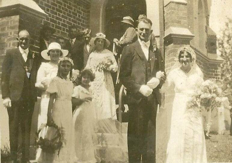 HISTORIC WEDDINGS: Rex Farley and Miriam Beggs were wed at St Andrews Presbyterian Church, Dungog on March 20, 1935. The couple are pictured with their bridal party.