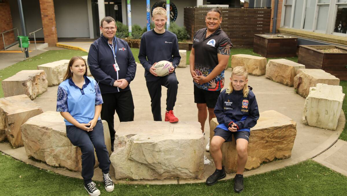 WORIMI PROUD: Hunter River High School students Xanthiah Roach, 15, Brodie Langdon, 15, and Jackson Smith, 14, were set to represent the Worimi nation in the PCYC Nations of Origin tournament. Pictured with PCYC Port Stephens manager Travis Douglass and aboriginal education officer Brooke Roach. 