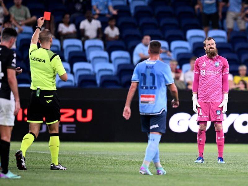 Sydney FC goalkeeper Andrew Redmayne has been sent off in the 2-0 ALM loss at home to Macarthur FC. (Dan Himbrechts/AAP PHOTOS)