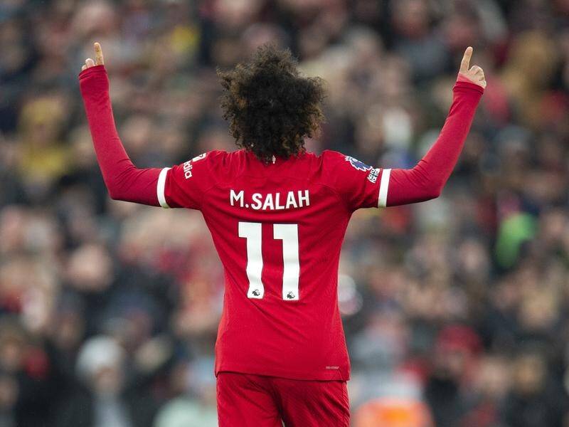 Familiar sight: Mo Salah celebrates another Liverpool goal. (EPA PHOTO)