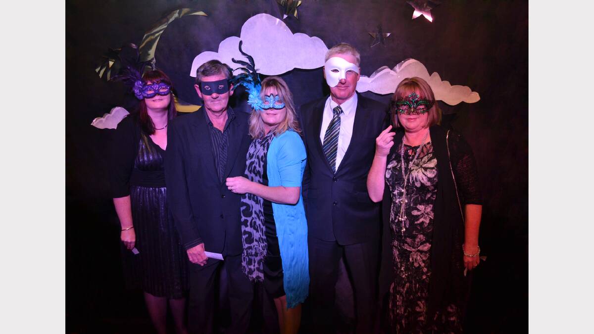 Cheryl Clement, Rob Young, Dee Braithwaite, Iain Hyde and Cheryl Hyde having fun at the Dungog Masked Ball