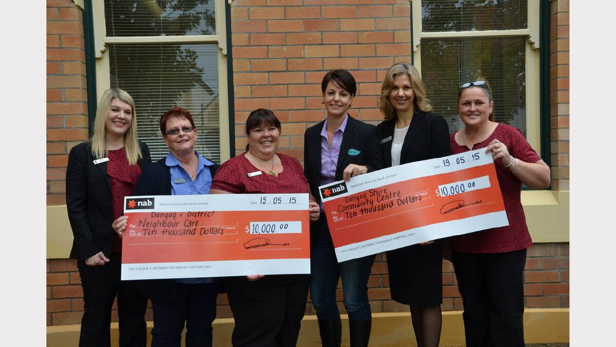 NAB store manager Sigrid Jones, Kerry Broad from Dungog and District Neighbourcare, staff member Adele Chapman, Sarah U’Brien from the Dungog Shire Community Centre, Melissa Reynolds and staff member Jody Herron