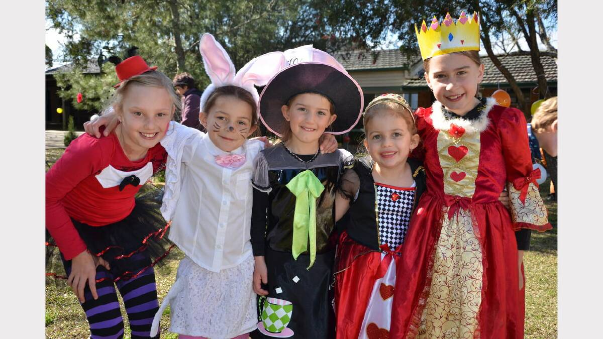Having fun at the Mad Hatters tea party at Gresford Public School were Chelsea Abra, Lacy Hoffman, Bella Sellens, Acacia Galvin and Amber Smith