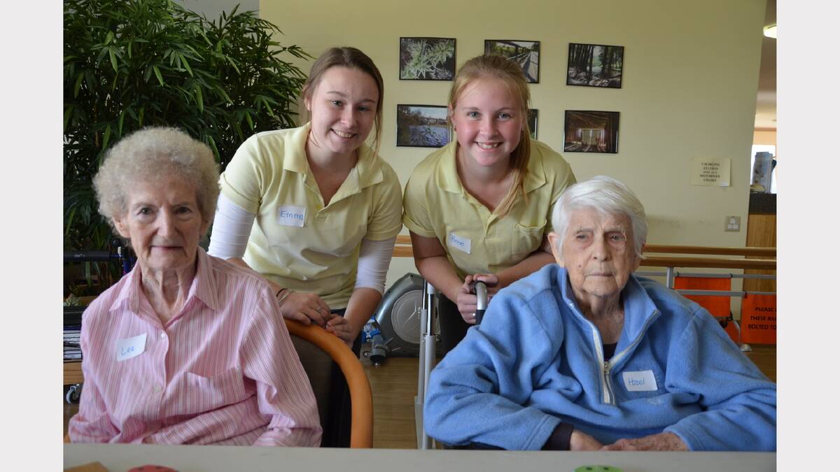 Bree Peirce and Emma Vogele with residents Lee Murphy and Hazel Wade