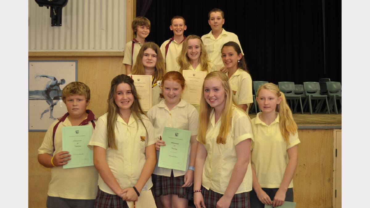 Year 7 award winners, from back, Michael O’Hara Smith, Nelson Eyb, Ian Parsons Melissa Bridges, Alexandra Cant, Laura Inwood Cameron Hipwell, Georgia Bannister, Melanie Shelton, Shelby-Lee Wintle and Shannon Cummings 