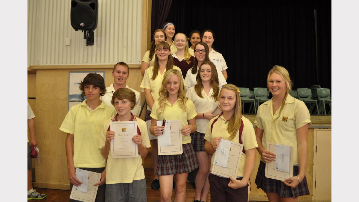 Dungog High School special award winners Sonya Tipping, Chelsea Gallagher Amber Marchant, Emily Muddle Camilla Lambert, Annie McDonald, Aimee Harris Rigby Vane-Wood, Katelyn Cant, Ian Brockwell, Molly Wallace, Campbell McDonald, Laura Cotterill and Abby Wilson.