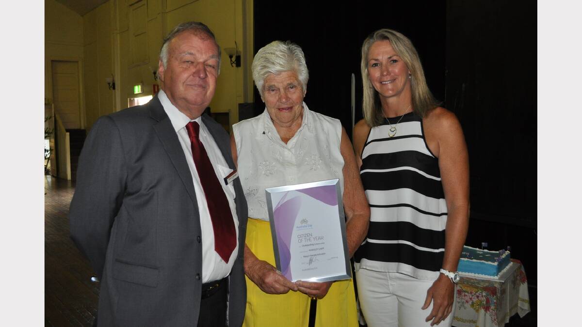 Mayor Harold Johnston and ambassador Debbie Watson (right) with Citizen of the Year Margot Capp